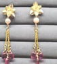 Pink Topaz Drop Earrings: Gold Orchid, Freshwater Pearl, Handmade