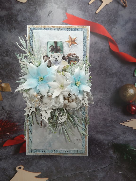 Handmade Christmas Card (42) Polar Bear & Winter Flowers