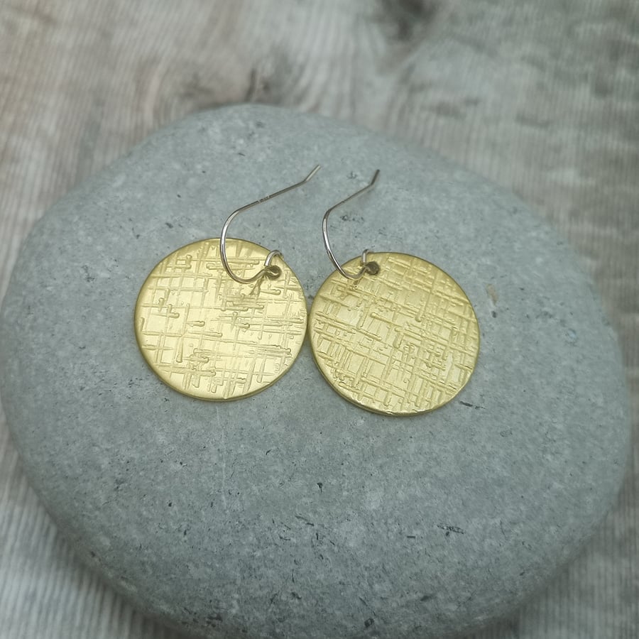 Brass and Sterling Silver Large Textured Disc Earrings
