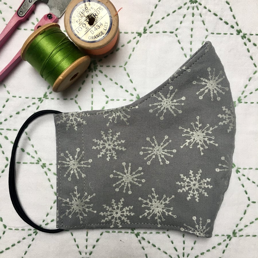 SALE Silver Snowflakes on Grey Cotton Fabric Reusable Face Mask Adult Child 