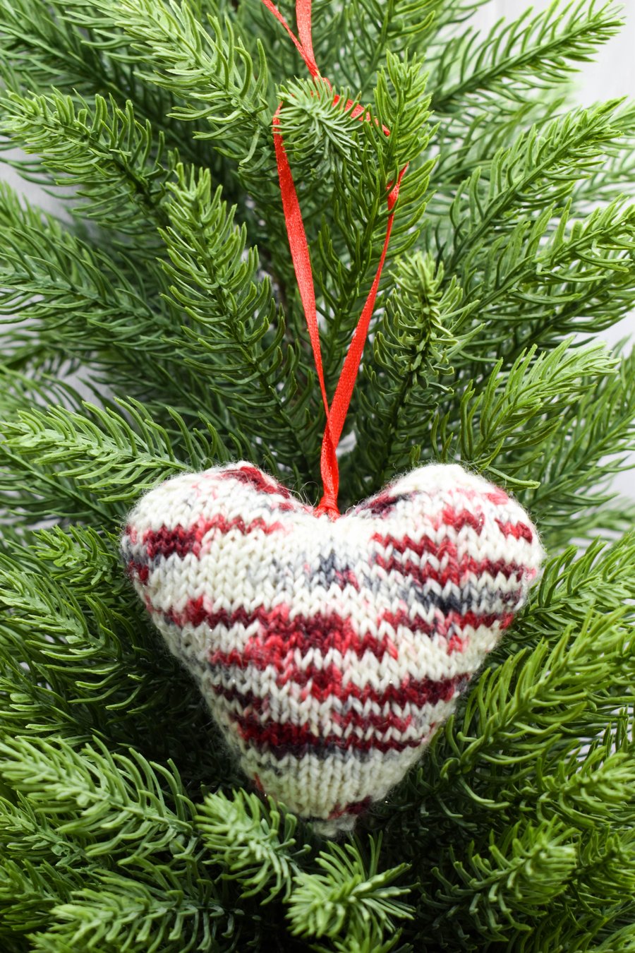 SOLD - Hand knitted heart - Christmas Decorations - Red, white and black