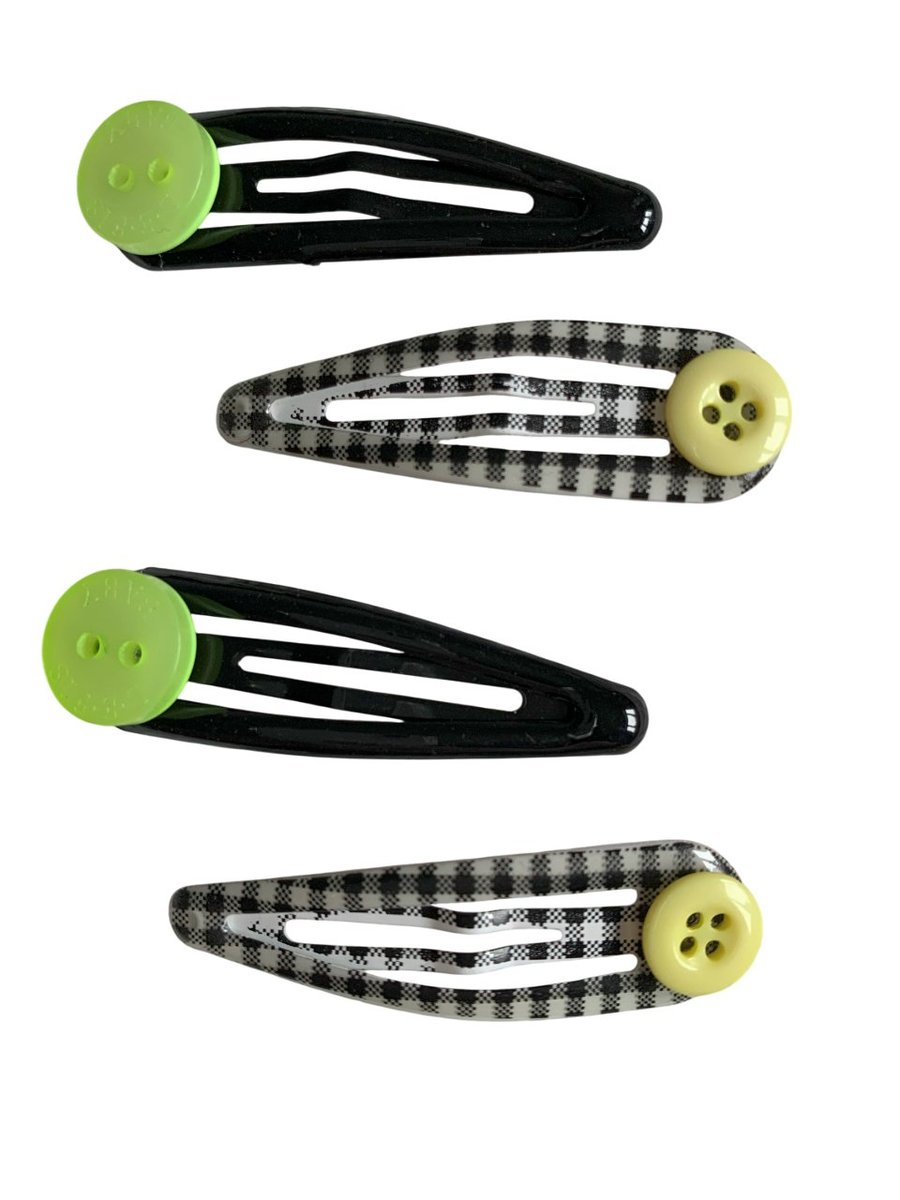 Gingham Hair Clips Button Accents Bendy Grips Black White Yellow Acid Green