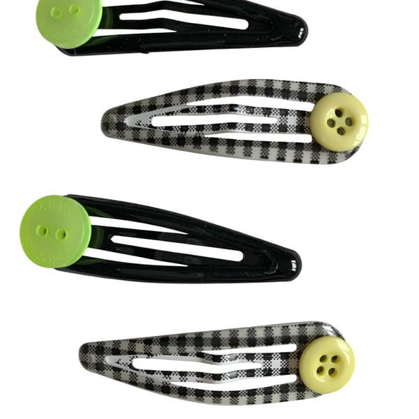 Gingham Hair Clips Button Accents Bendy Grips Black White Yellow Acid Green