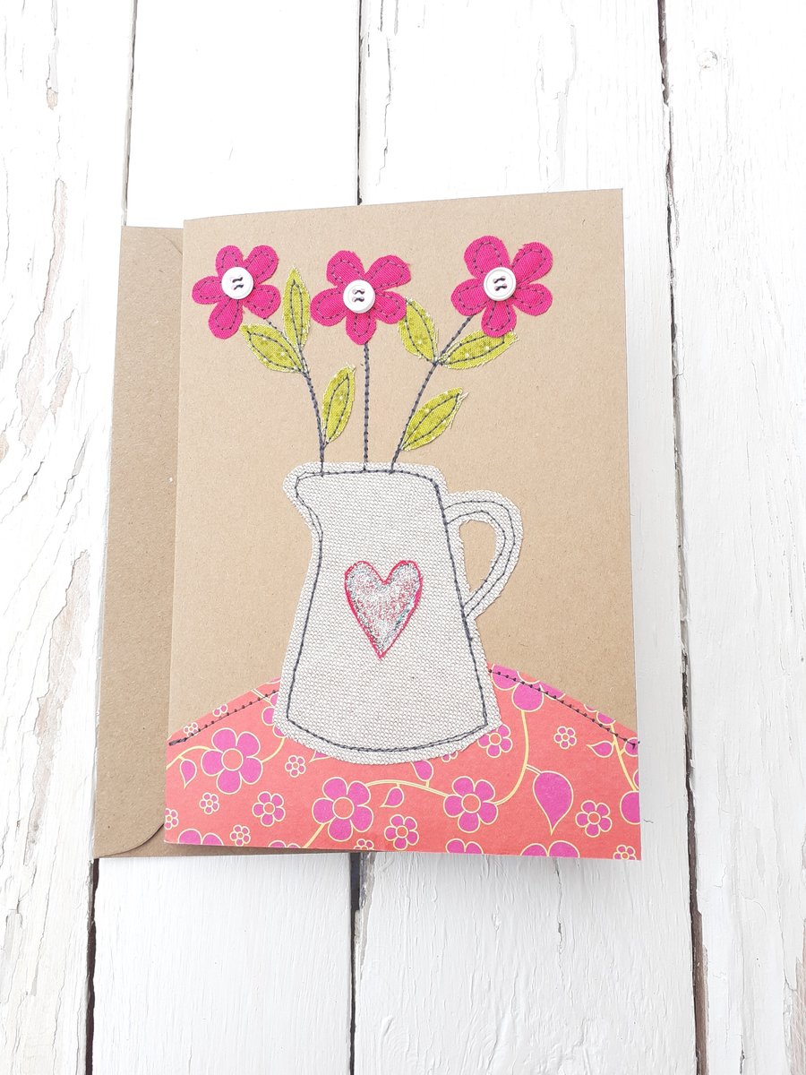 Greetings Card Original Stitched Fabric Jug of  Flowers Design Birthday Blank