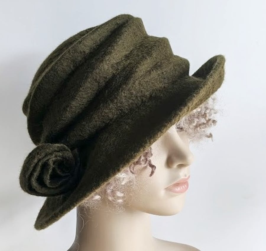 Olive green felted wool hat - 'The Crush' - designed to pack flat