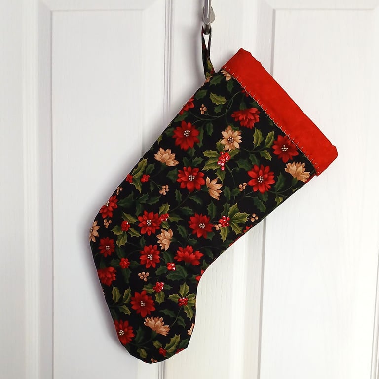 Holly and Poinsettia Stocking with Beads and Sequins, Christmas Stocking
