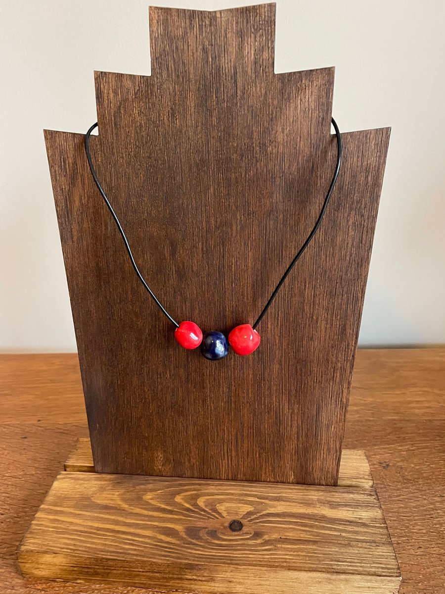 Summer Sale!  Red & navy ceramic beaded necklace