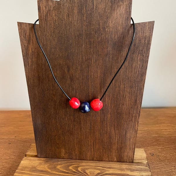 SALE! Red & navy ceramic beaded necklace