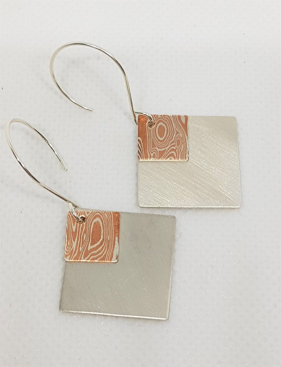 Satin Sterling Silver Diamond and Mokume Gane Diamond Earrings