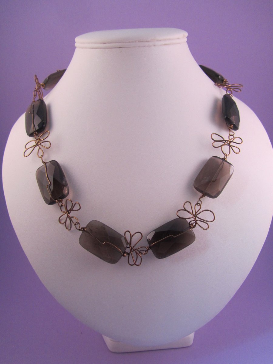 Brown Smokey Quartz Antique Bronze Wire Short Necklace