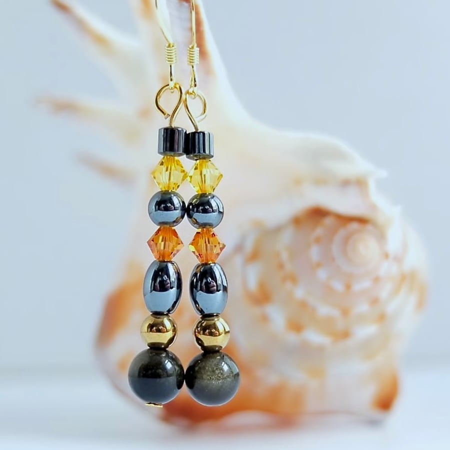 Obsidian, Hematite & Crystal Earrings, Birthday, Anniversary, Gifts For Her