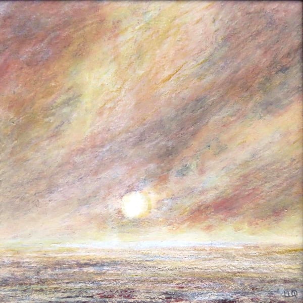 Sunset over the sea original mixed media art picture mounted ready to frame