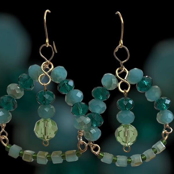 Green and teal crystal unique chandelier style earrings 