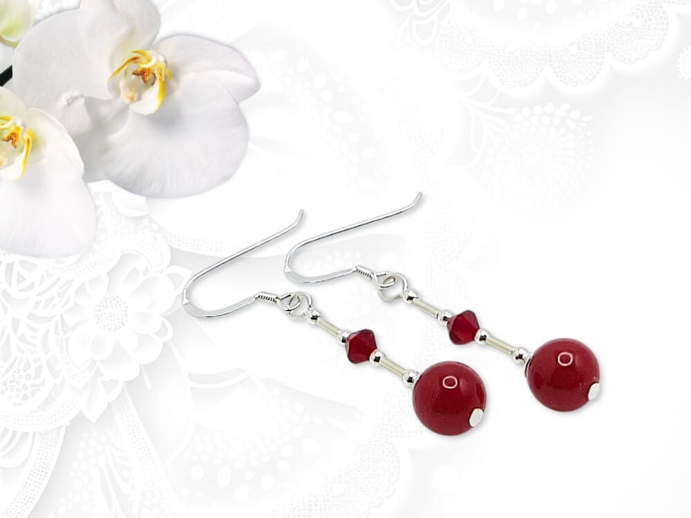 Red Jade Gemstone Earrings With Premium Crystals & Sterling Silver Tubes