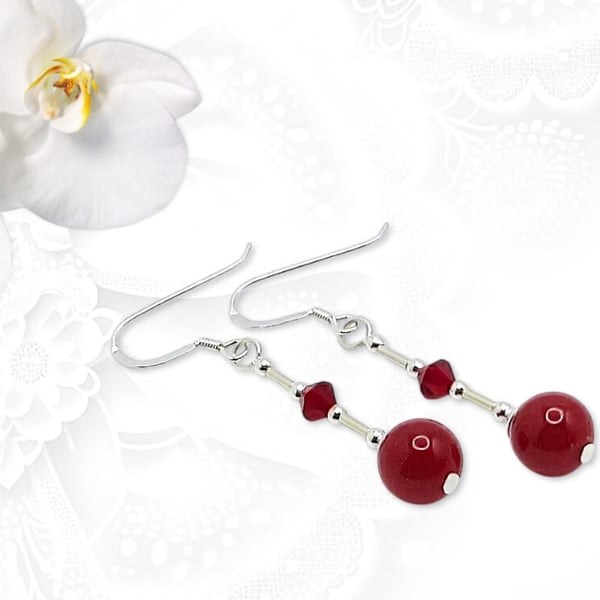 Red Jade Gemstone Earrings With Premium Crystals & Sterling Silver Tubes