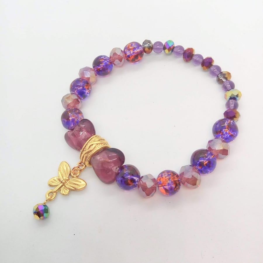 Purple Glass Bead and Heart Stretch Bracelet with a Gold Butterfly Charm