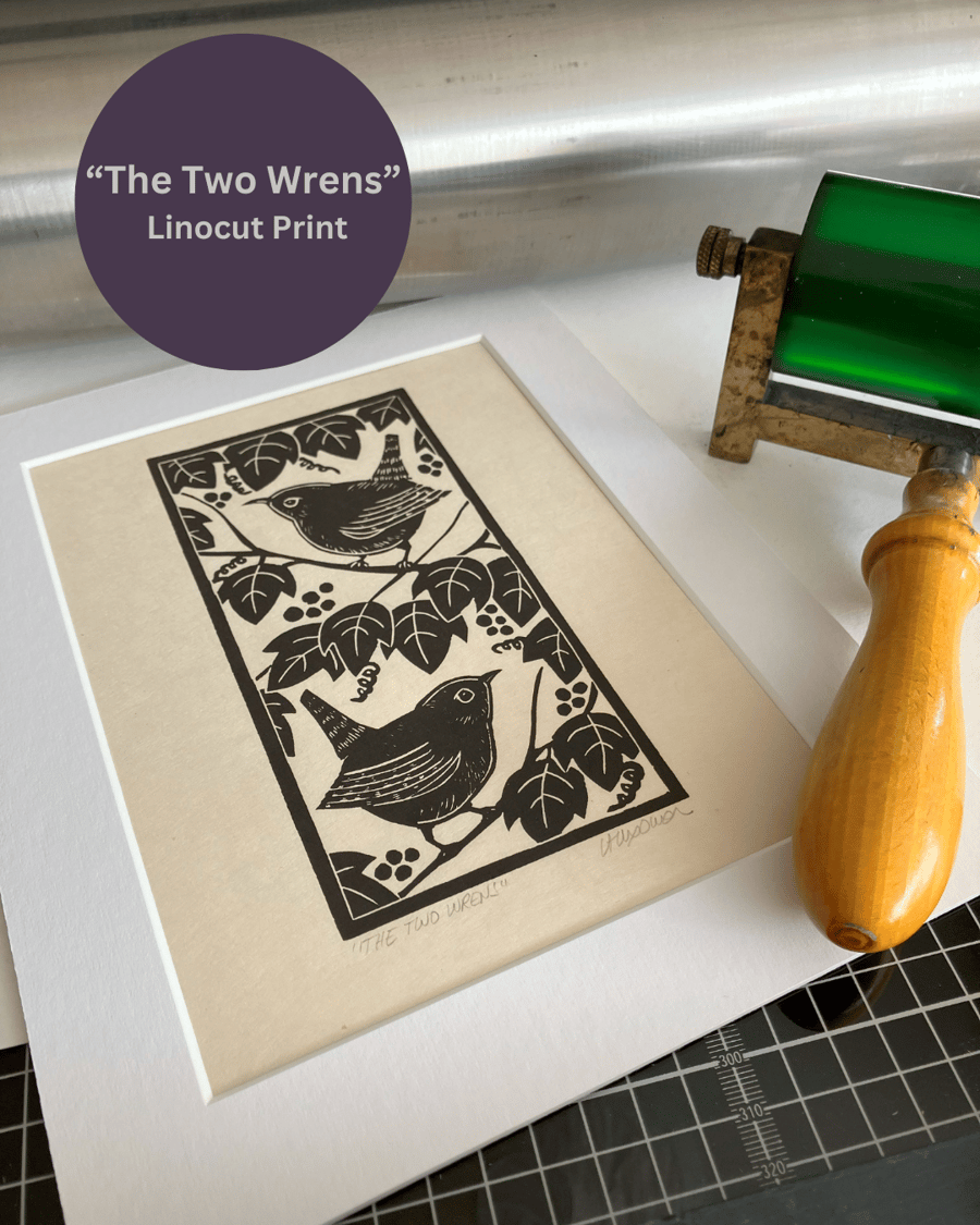 Two Wrens - Lino Print - Hand Printed - Anniversary