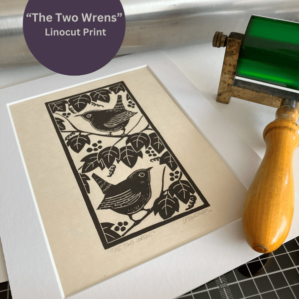 Two Wrens - Lino Print - Hand Printed - Anniversary