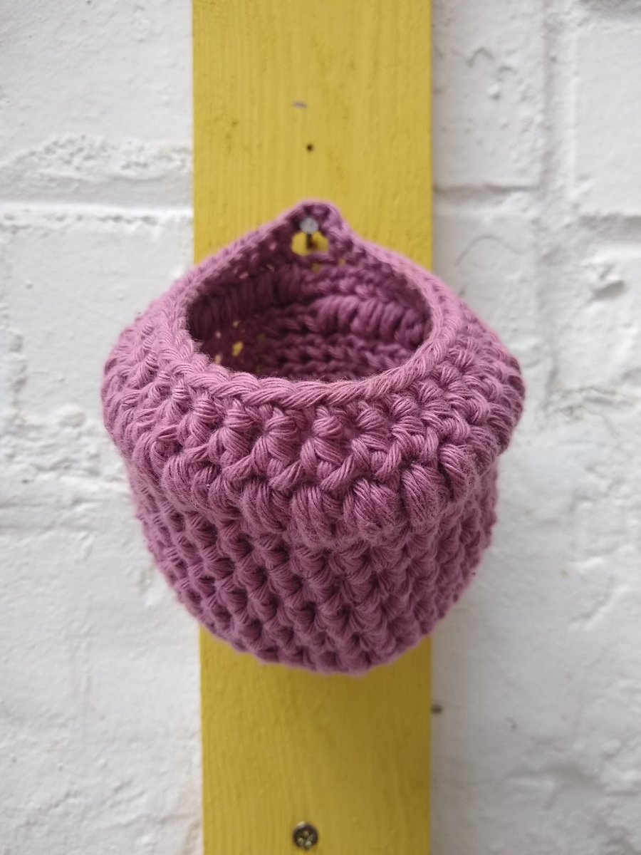Pink mini basket, crocheted basket, plant cover