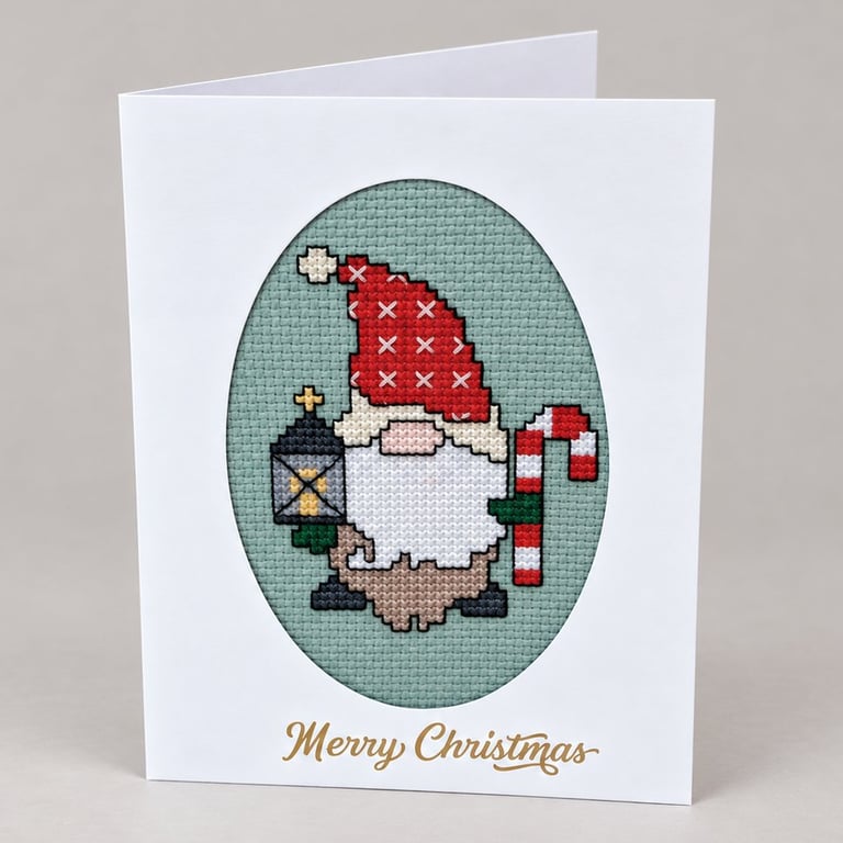 Handmade Cross Stitch Ho Ho Ho Christmas Gonk Card – 6 x 4 Inch