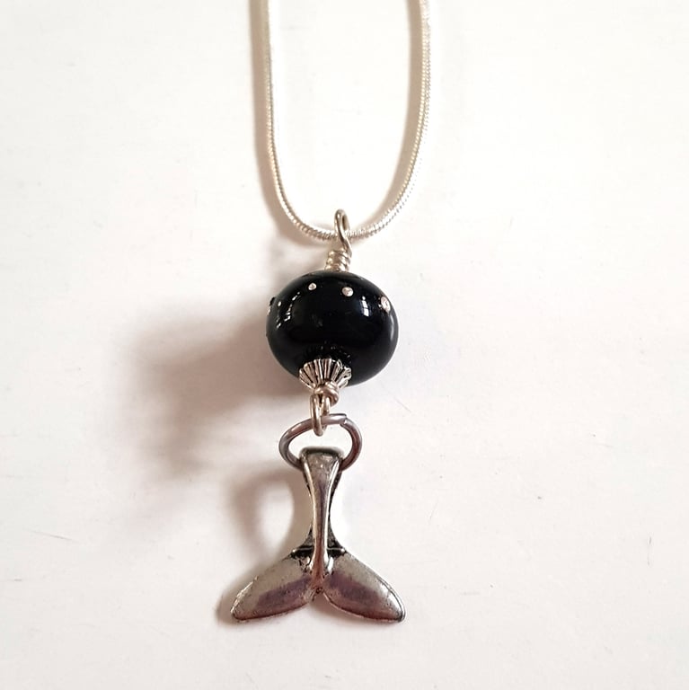 Black Lampwork Glass Necklace - Silver Whale or Mermaid Tail Pendant