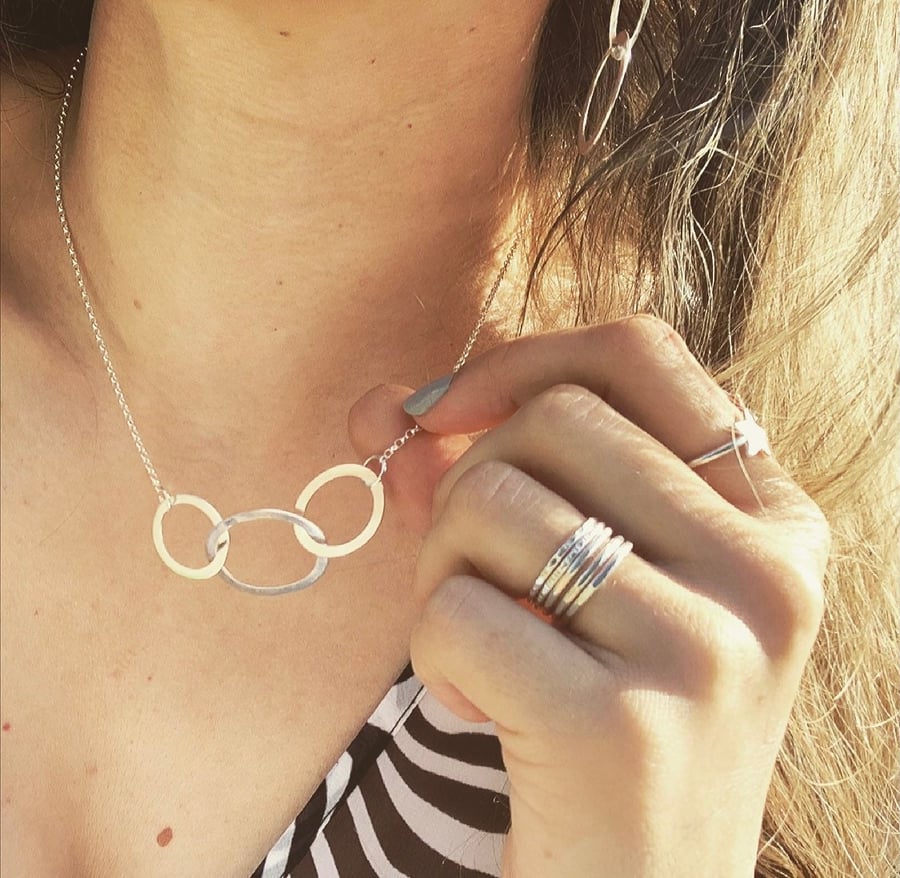 Silver Triple Circle Necklace  - Delicate Sterling Silver Interlocked Circles