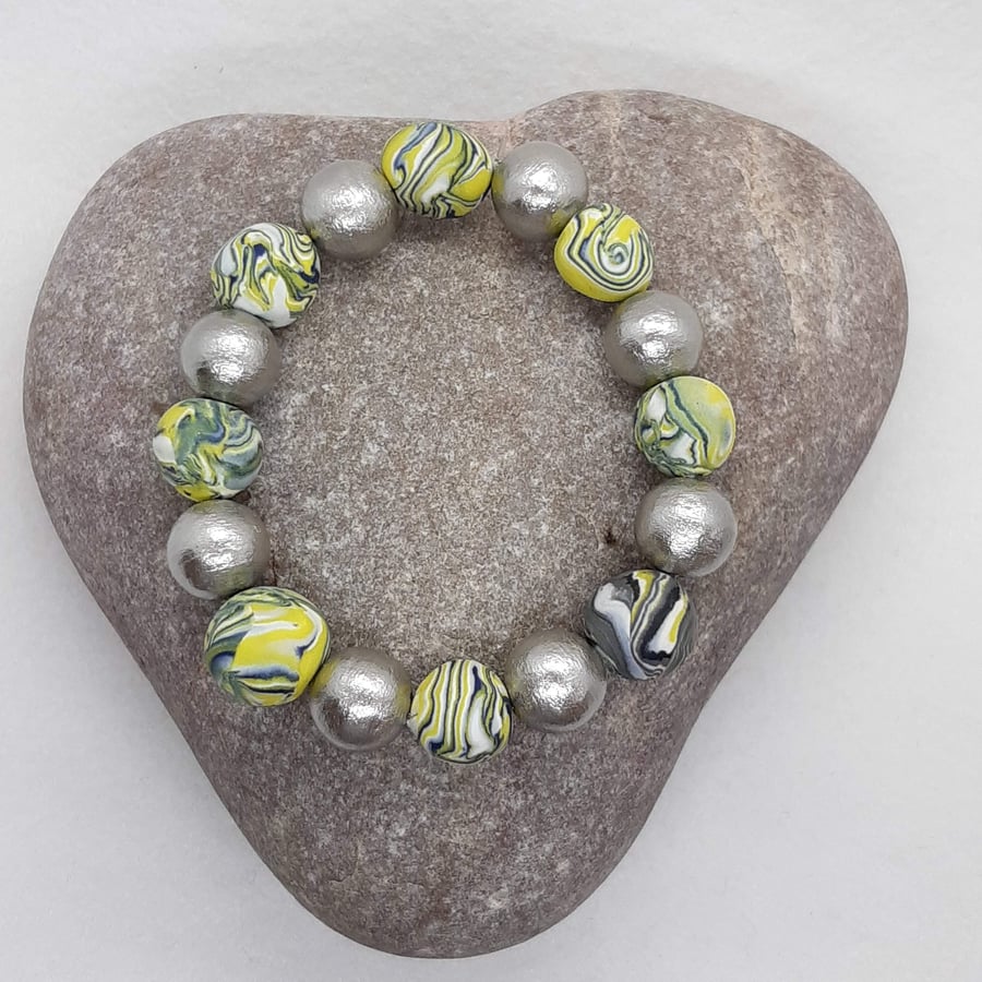 Yellow, black and silver polymer clay bracelet 