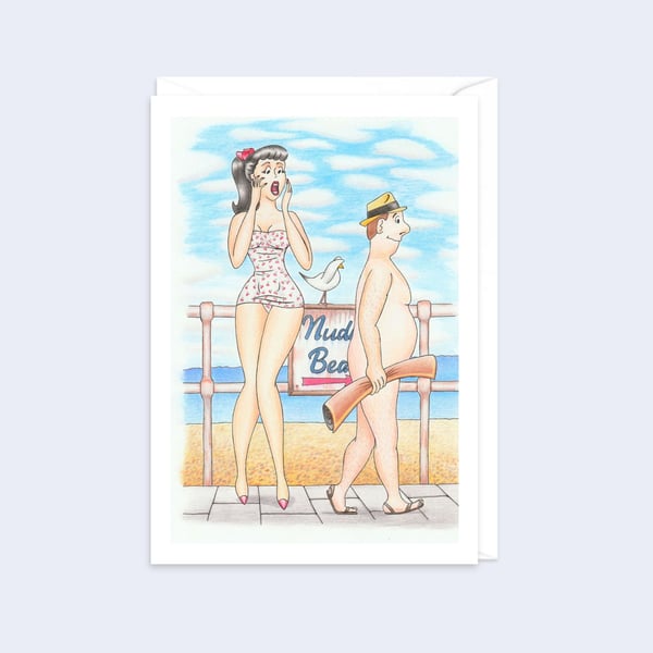 Nudist Beach Greetings Card: Hand Drawn Postcard Style Artwork (802)
