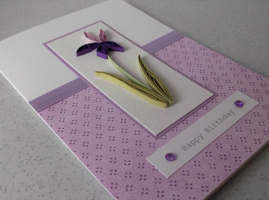 Quilled handmade birthday card, quilling iris