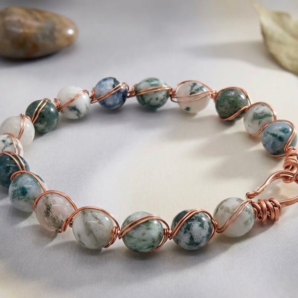 Wire Wrapped Tree Agate Bangle