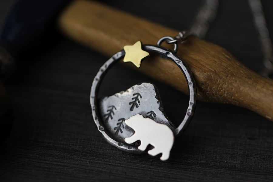 Sterling Silver Bear, Star and Mountain Necklace - Made to order