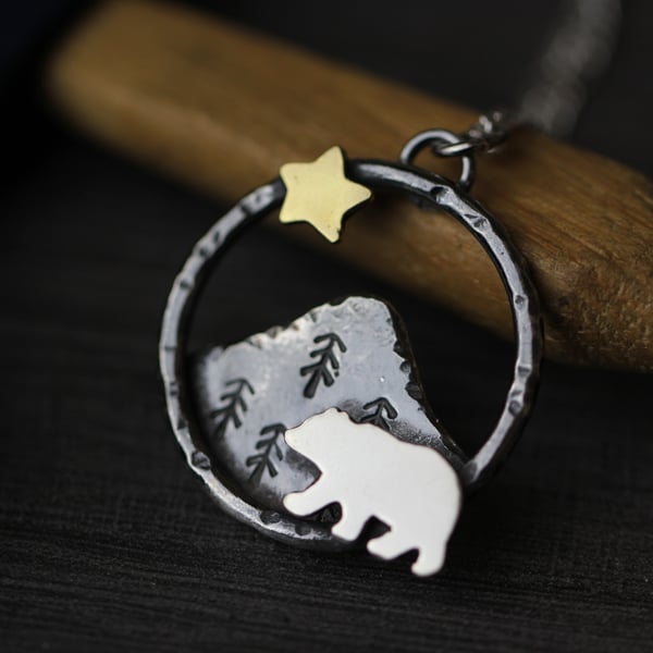 Sterling Silver Bear, Star and Mountain Necklace - Made to order