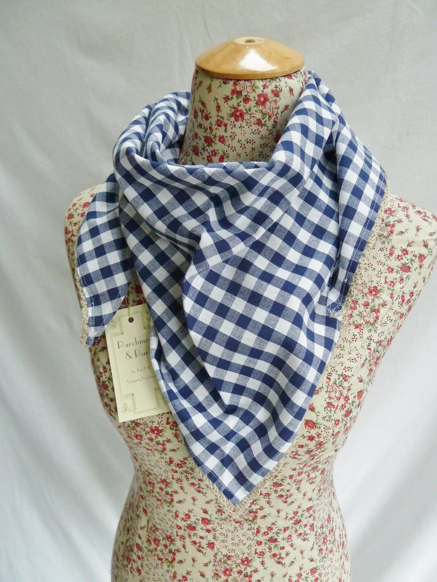 Neckerchief style scarf in gingham cotton with a crochet edging. FREE UK P&P.