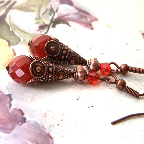 Jade Earrings, Red Gemstone Dangle Earrings, Copper Vintage Style Earrings