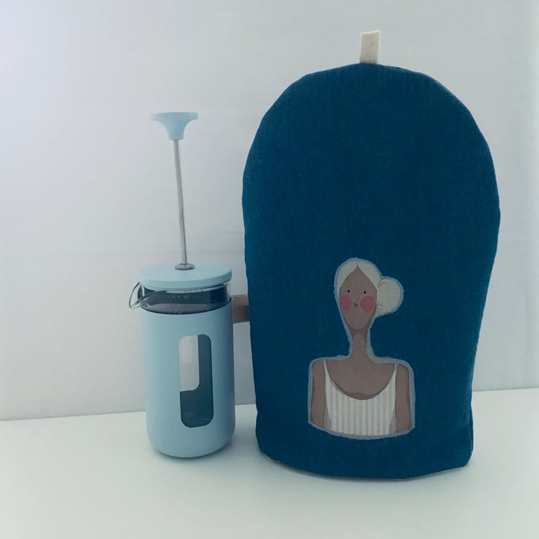 Appliqued Cafetiere Cosy in Denim FREE POSTAGE ON THIS ITEM
