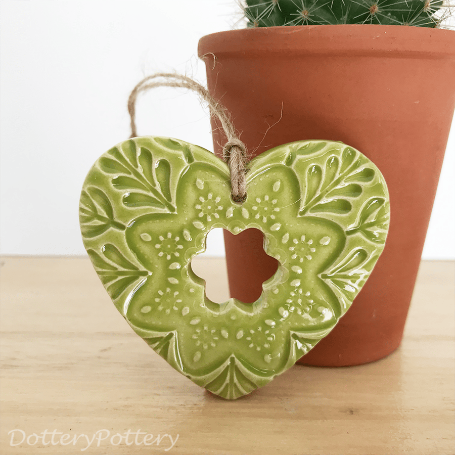 Small Ceramic heart hanging decoration Pottery Heart green