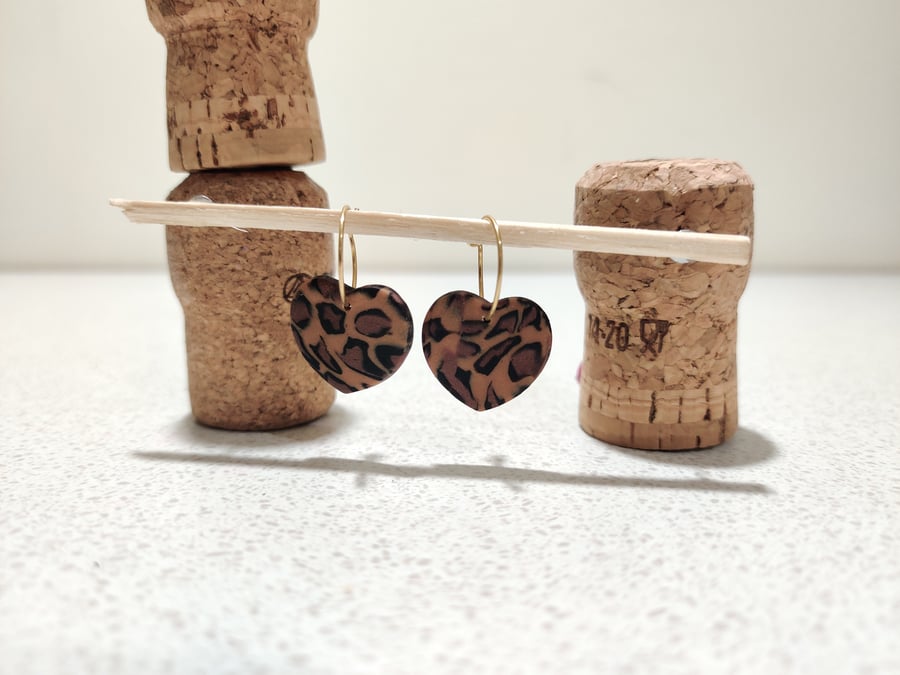 Leopard print small heart hoop polymerclay earrings