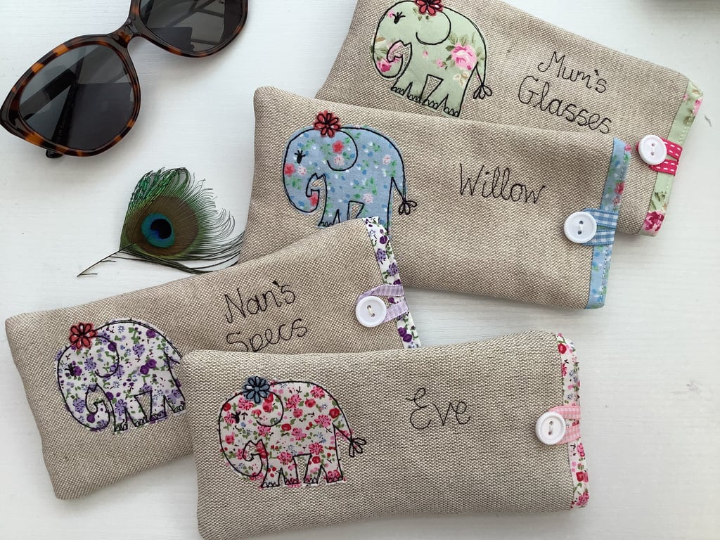 Personalised Elephant Glasses Case - Custom Sunglasses Spectacles Pouch - Linen 