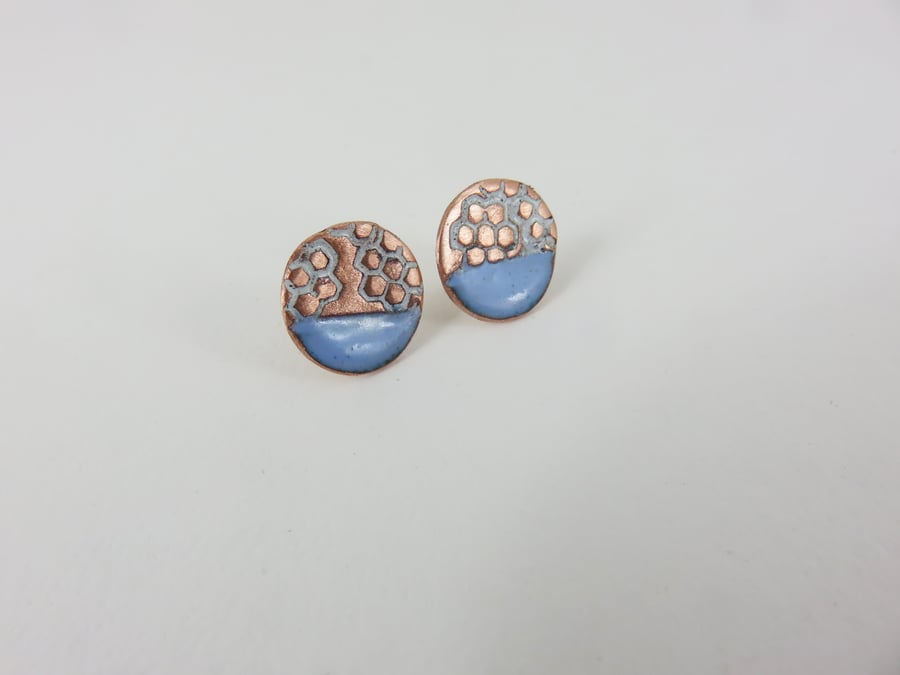 Textured Copper Studs with Blue and White Enamel