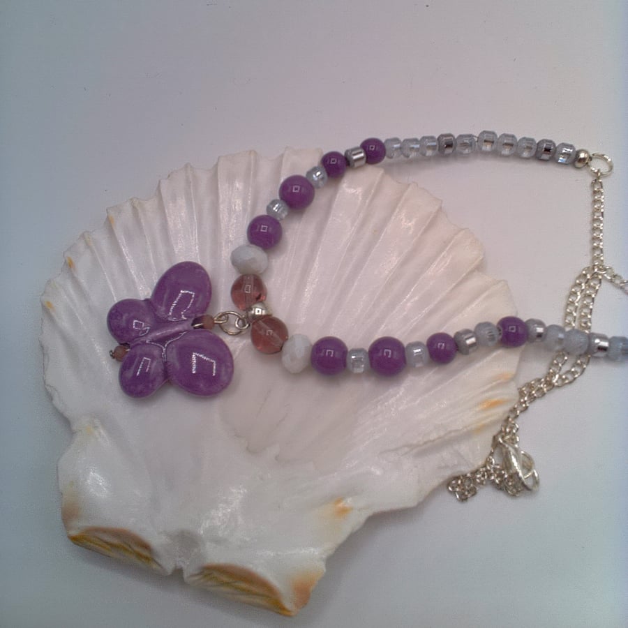 Ceramic Butterfly Pendant on a Purple Necklace, Butterfly Necklace, Gift for Her