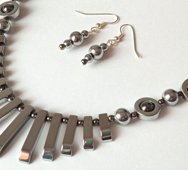 Silver Hematite Necklace & Earrings Gift Set Tapered Metallic Statement