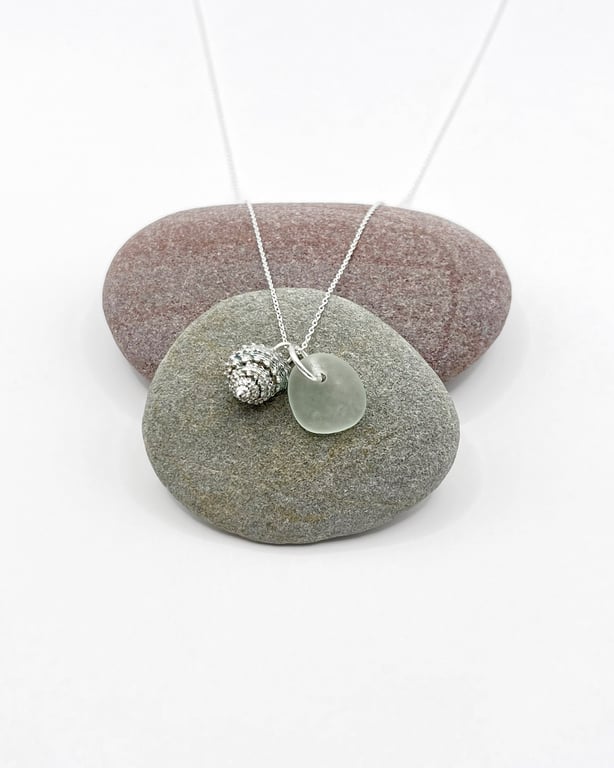 Cornish Sea Glass & Silver Coated Strawberry Top Shell Necklace - Pale Sea Foam
