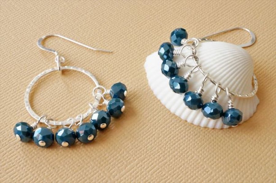 Denim blue crystal and silver hoop earrings