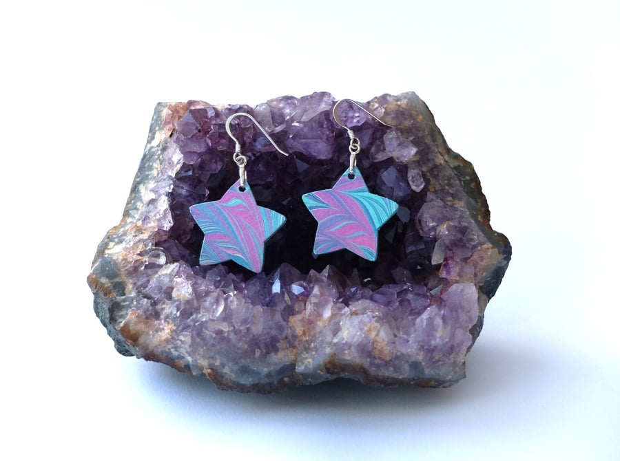 Fun marbled paper star earrings with iridescent purple sterling silver findings