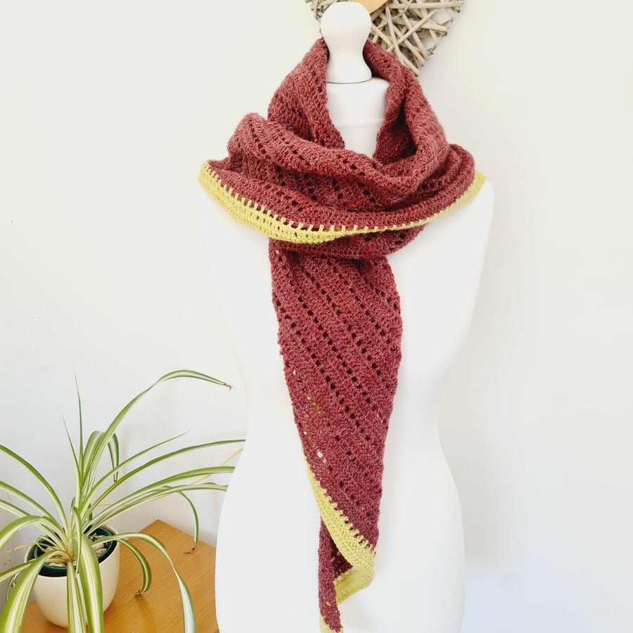 British Wool Scarf, Dahlia Shawl, Red & Yellow Crochet Neck Warmer