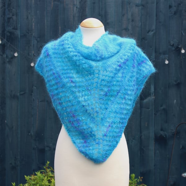 Hand knit triangular shawl in hand dyed bright blue Mohair - design A2