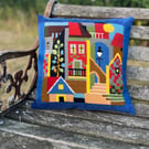 Bright street scene tapestry cushion cover with corduroy and linen