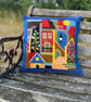 Bright street scene tapestry cushion cover with corduroy and linen