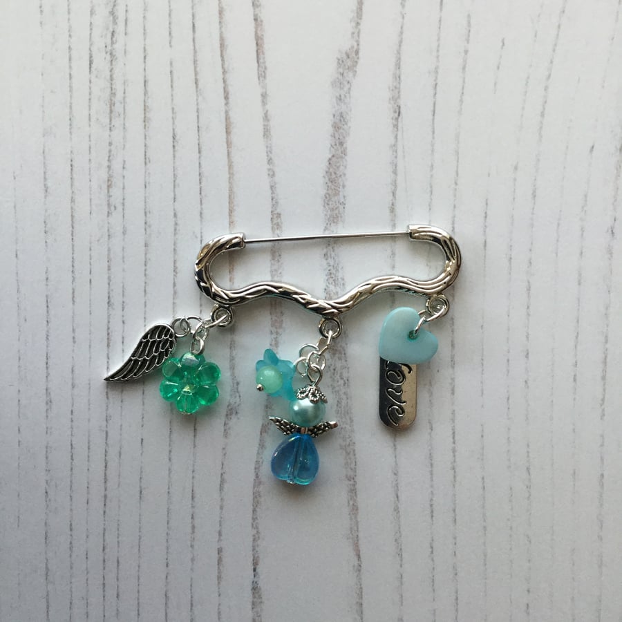 Shawl Kilt Pin with Beaded Angel in Turquoise