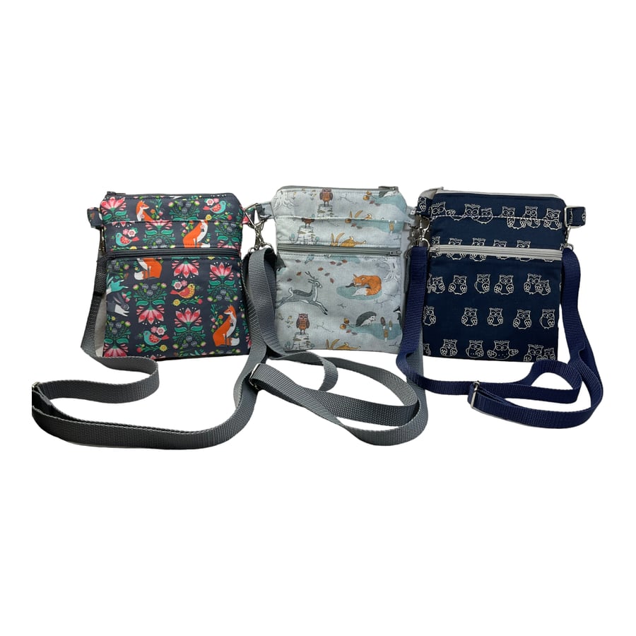 Woodland print small shoulder phone bag, Deer, fox, rabbit, hedgehog handbag, te